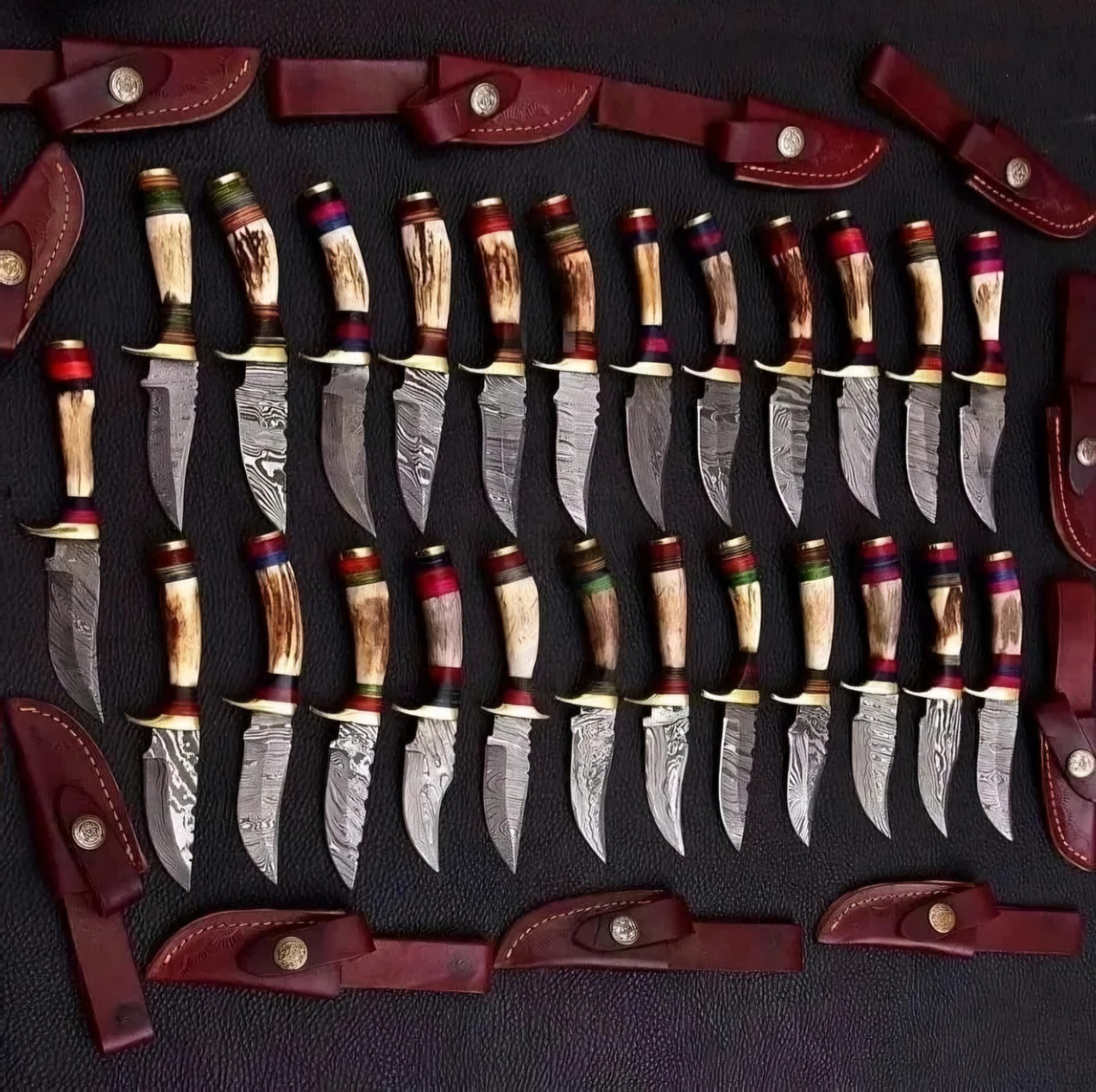 Lot of 20 Custom Handmade Damascus Steel Knives with STAG HORN Handle W Sheath