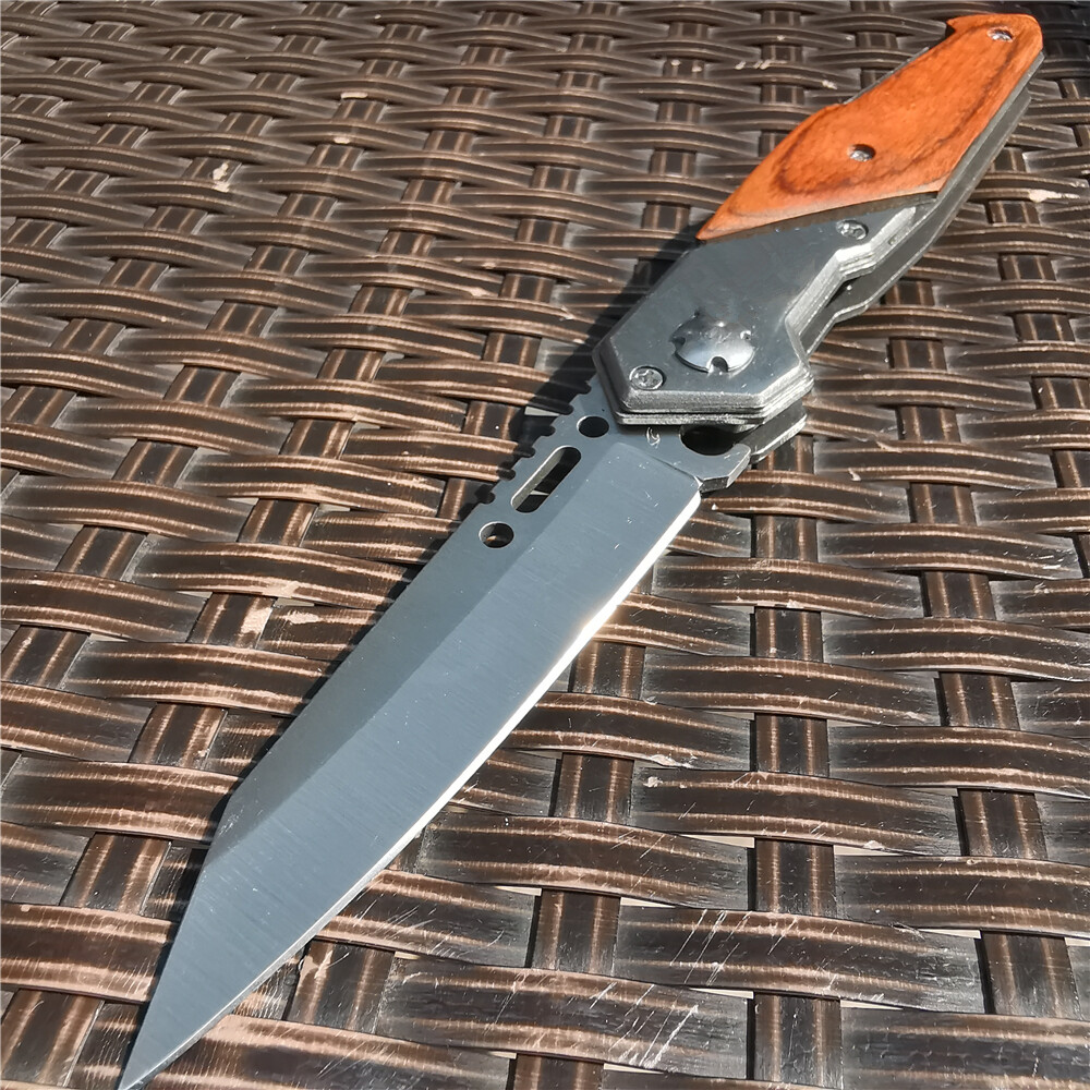 Assisted Folding Knives Wood Steel Handle 8cr15 Blade Hunting Tactical Knife Edc