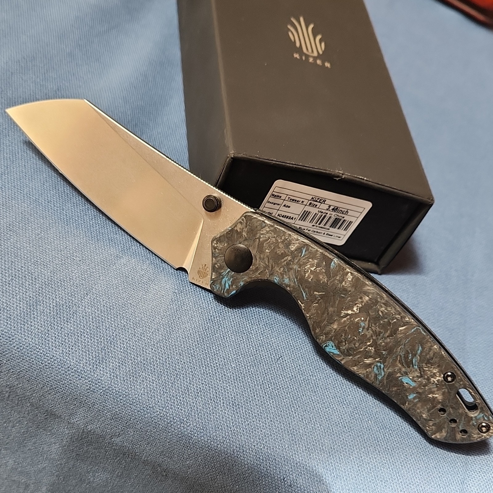 Kizer Towser K Elmax Plain Edge Blue Carbon Fiber Liner Lock Pocketknife