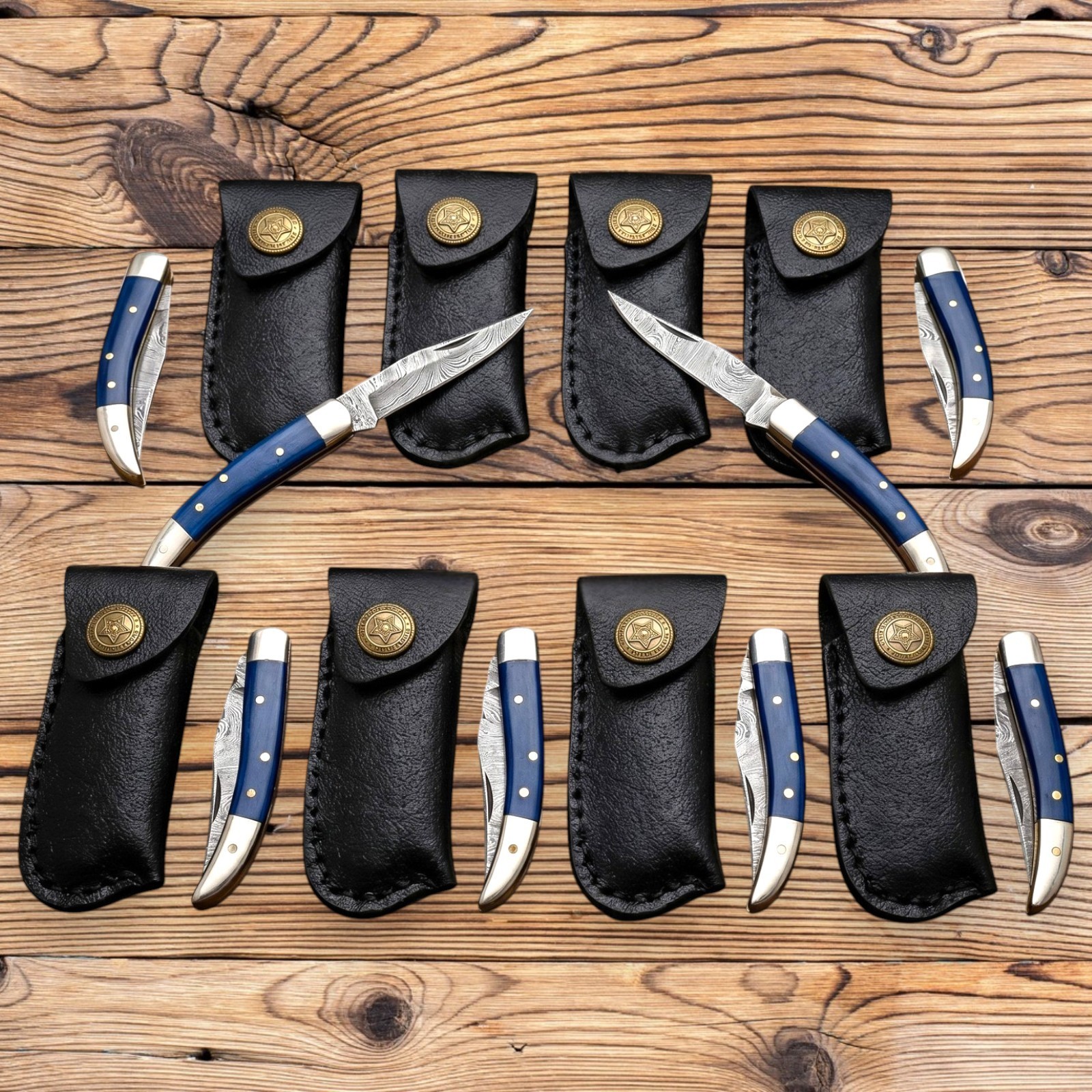 Damascus Pocket Knife Lot of 8 Blue Bone Handle Folding Knives w/Leather Sheath