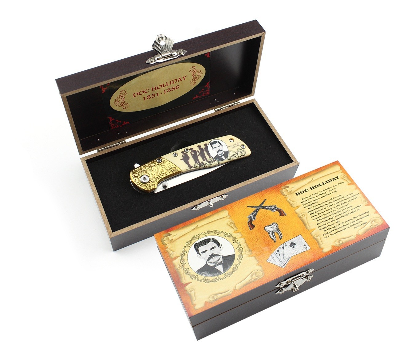 Doc Holliday Collector Folding Pocket Knife | 5″ Open | Gold Engraved Gift Set