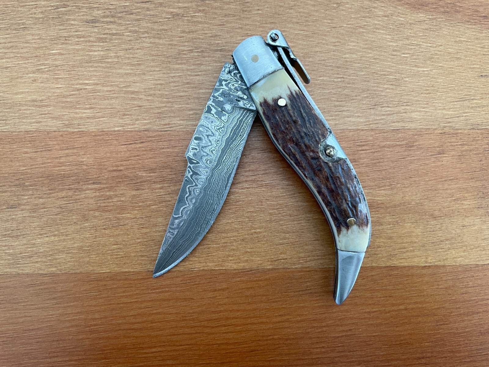 3.14” Spanish Navaja Pocket Knife Damascus Steel Deer Antler Scales – US Seller