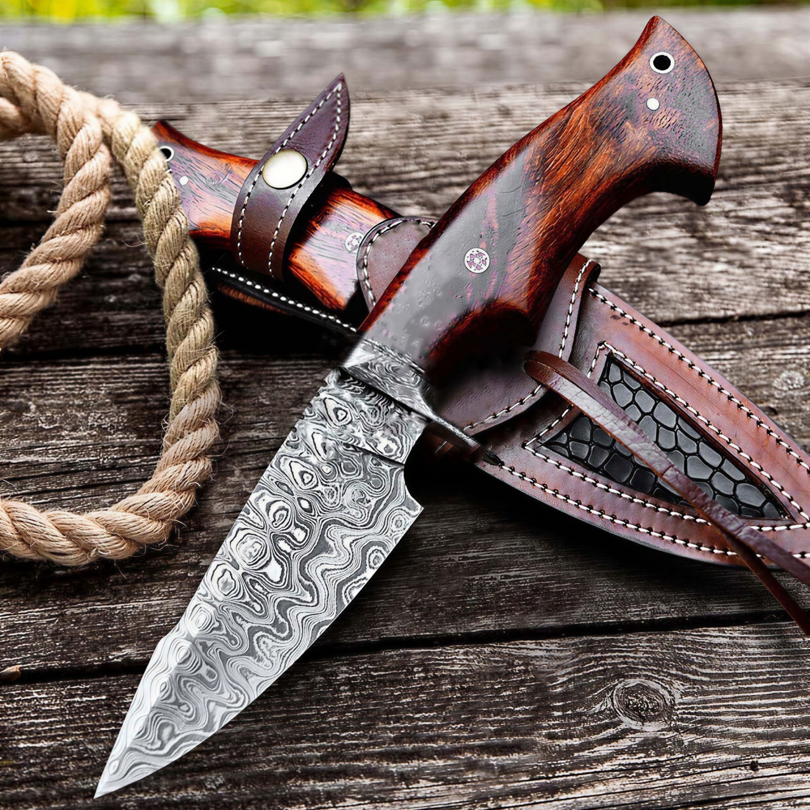 Damascus Steel Bobcat Hunting Knife, Handmade Fixed Blade Camping Outdoor Knife