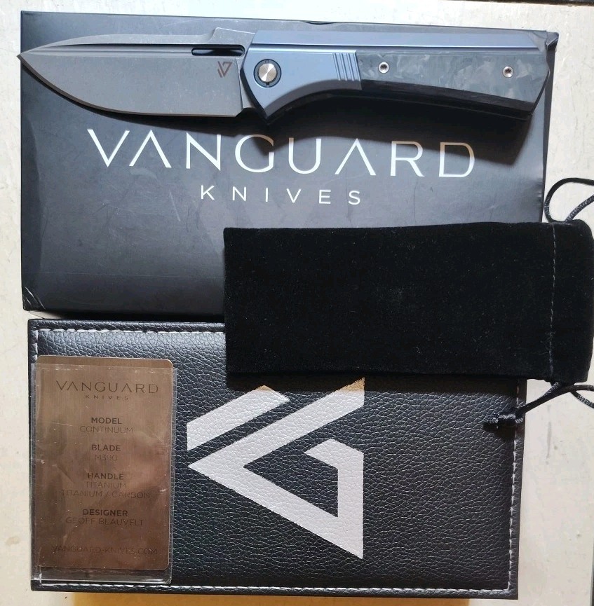 New Vanguard Continuum Framelock 3.4″ M390 SW Drop Point Blue Ti & CF Handle