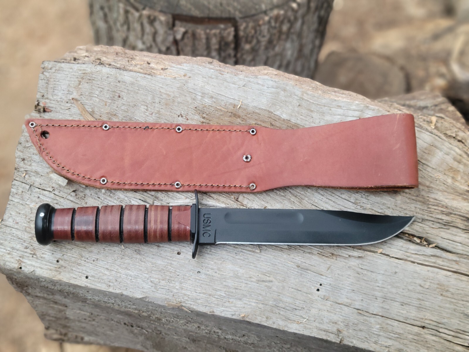 KaBar 1217 Fighting/Utility Knife USMC Leather Sheath Straight Edge
