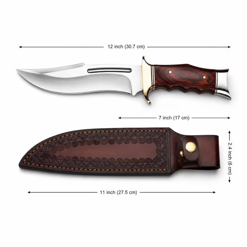 12″ 440C Stainless Steel Hunting Bowie Knife – Wood Handle & Leather Sheath