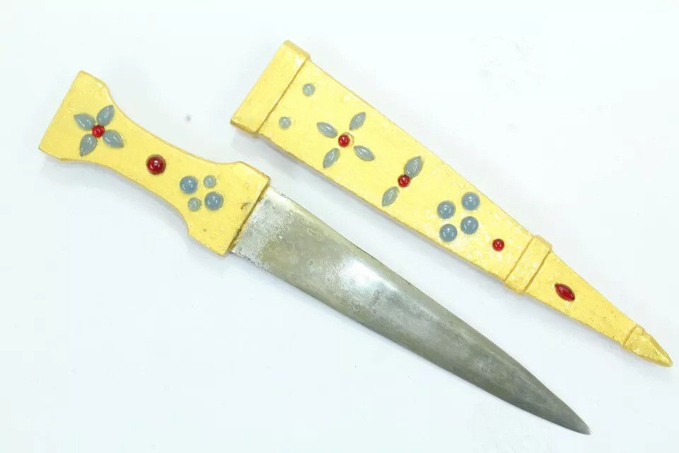 Dagger Knife Damascus Steel Blade Zircon Stone Natural Color Hand Painted G221