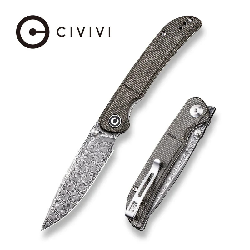CIVIVI IMPERIUM FRONT FLIPPER KNIFE DARK GREEN MICARTA DAMASCUS STEEL C2107DS-3