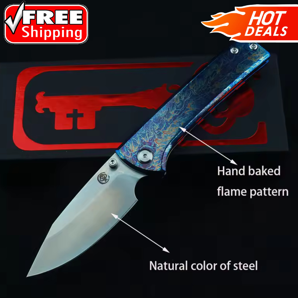 New TC4 Titanium Custom Anodized Blue Flame Pattern Handle Folding Pocket Knife