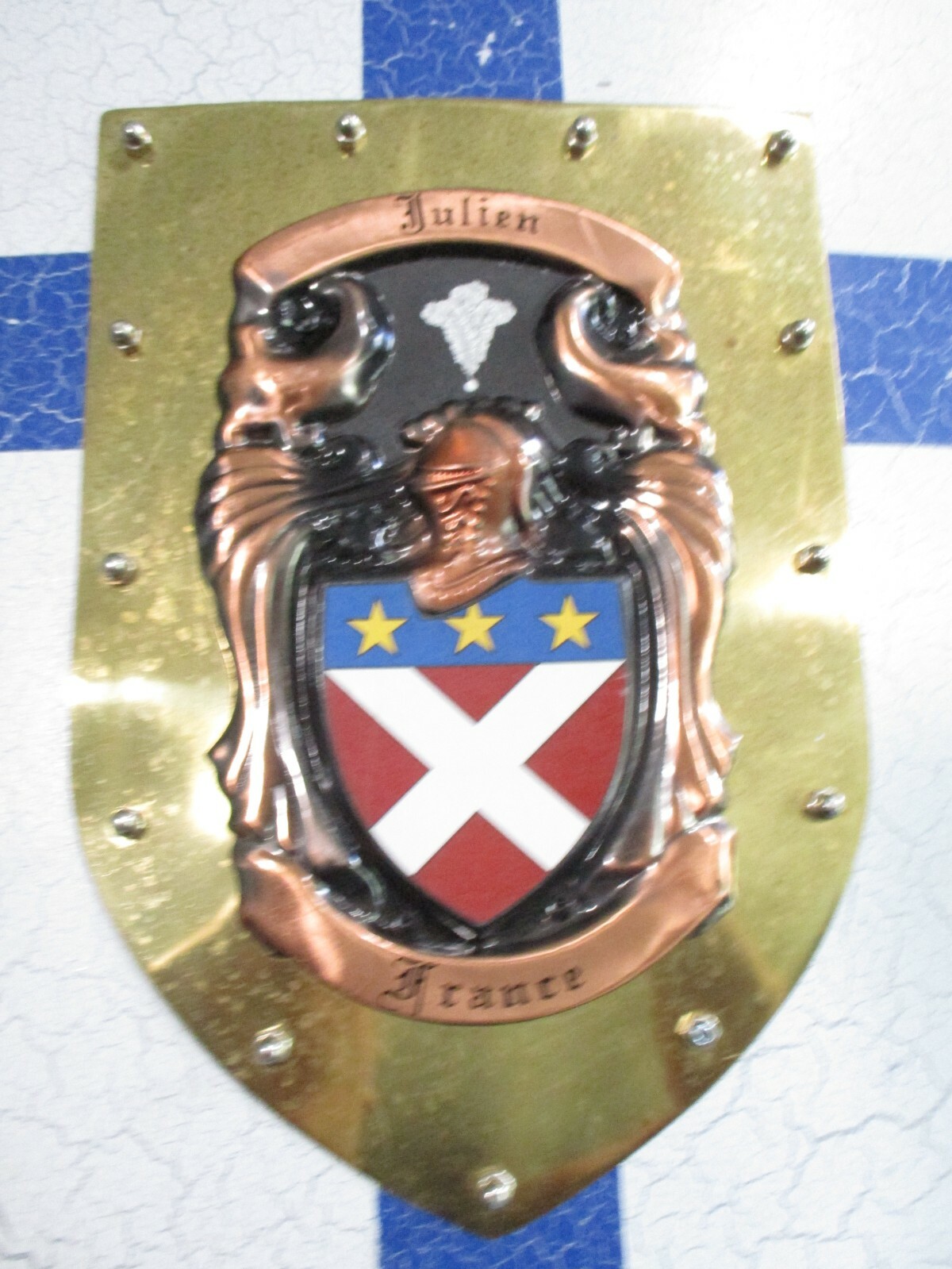 JULIEN FRANCE FIGHTING PROTECTIVE BATTLE ARMOR SHIELD COAT OF ARMS 20 X 28 »