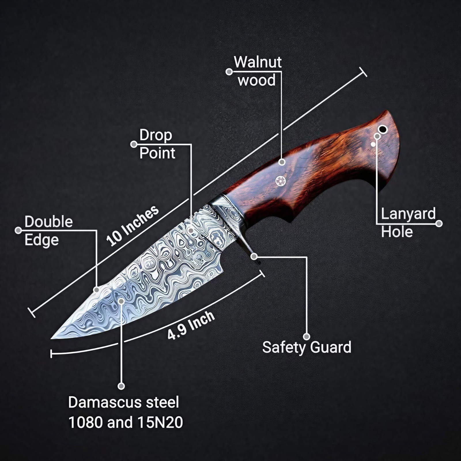 Damascus Steel Bobcat Hunting Knife, Handmade Fixed Blade Camping Outdoor Knife
