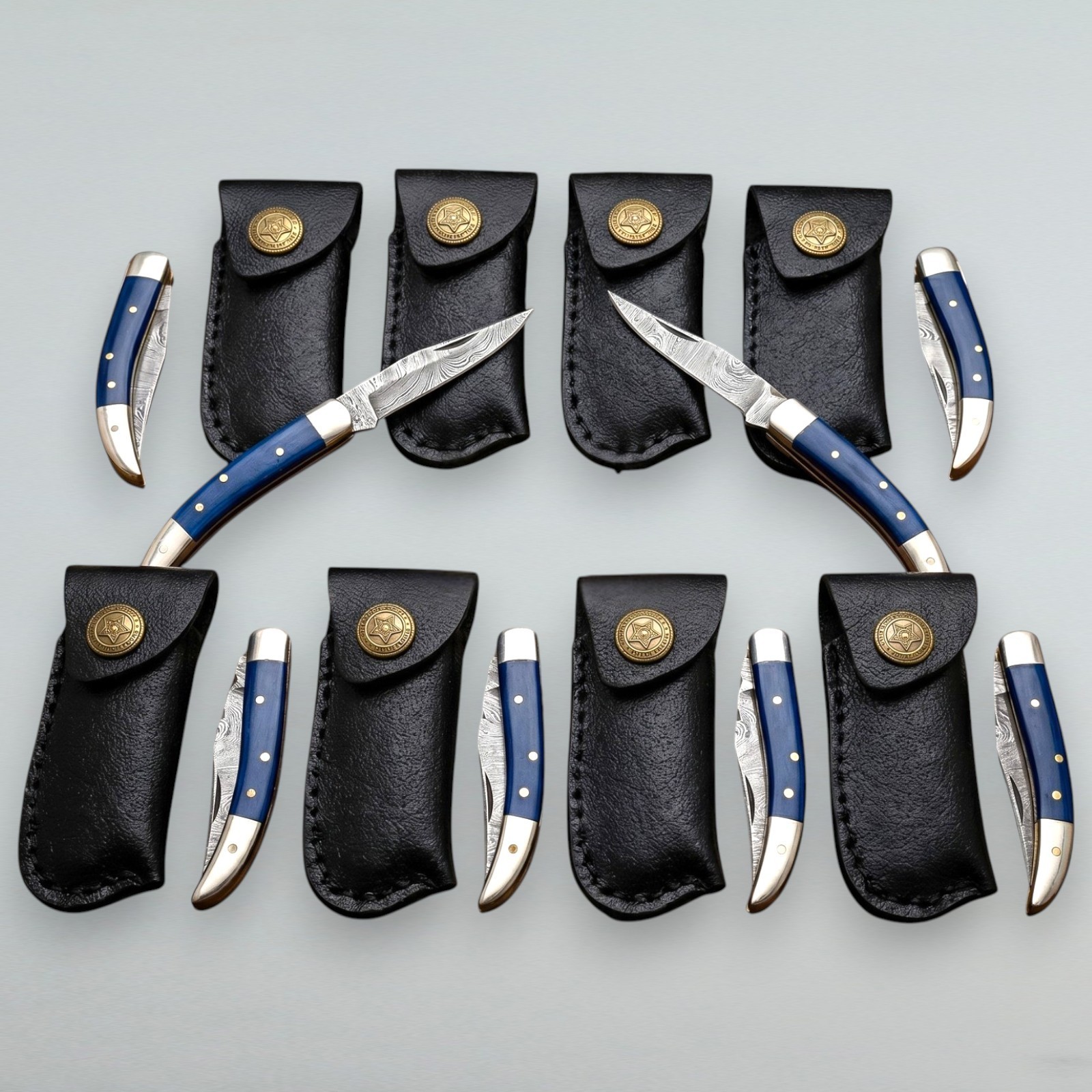 Damascus Pocket Knife Lot of 8 Blue Bone Handle Folding Knives w/Leather Sheath