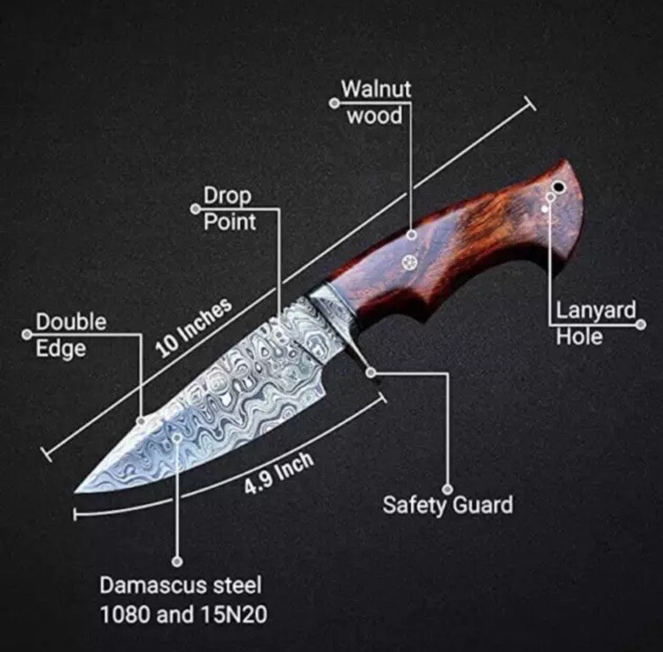 CUSTOM HANDMADE DAMASCUS STEEL BOWIE HUNTING KNIFE ROSE WOOD HANDLE W/SHEATH