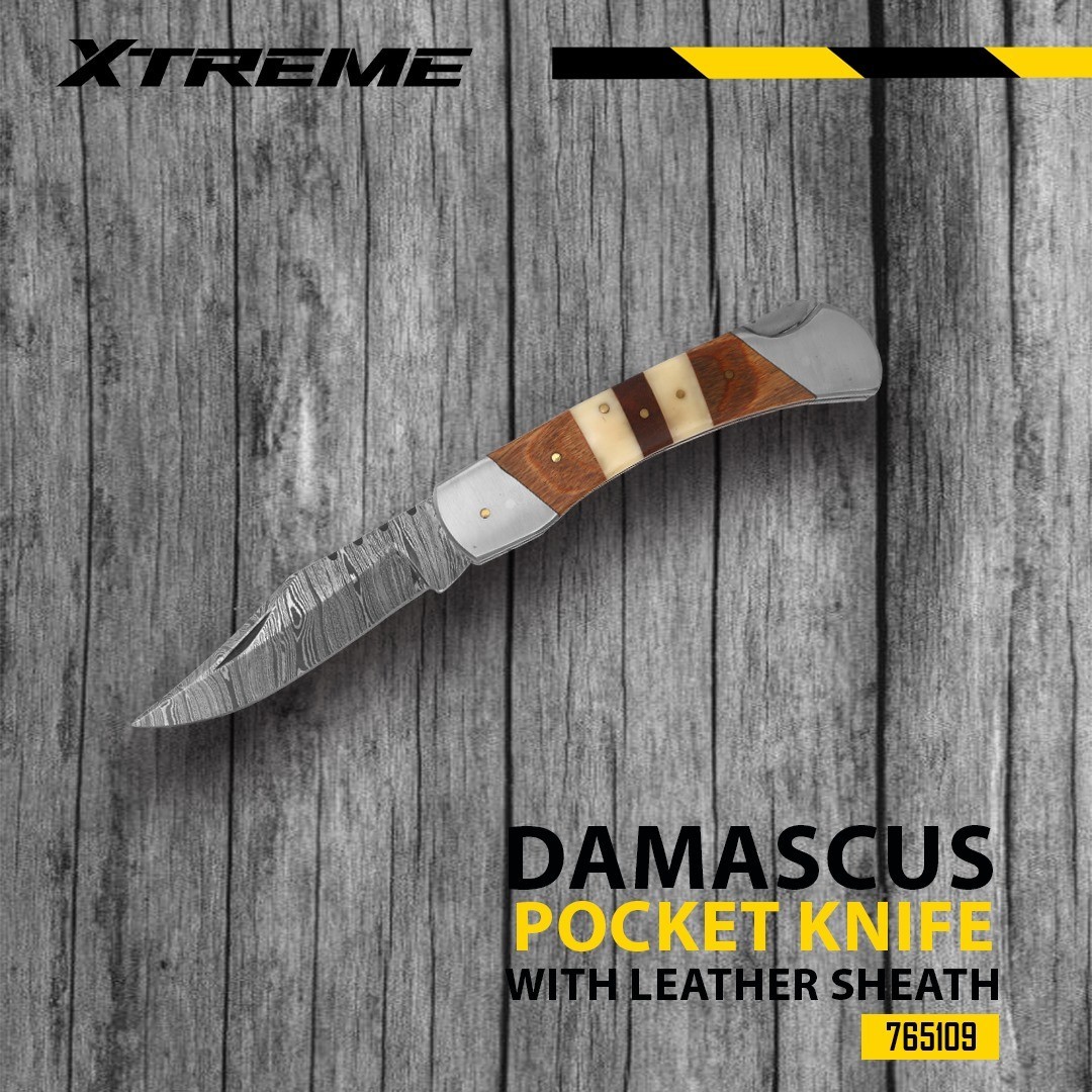 Custom Handmade Damascus Steel Pocket Knife Folding Blade With Leather Sheath