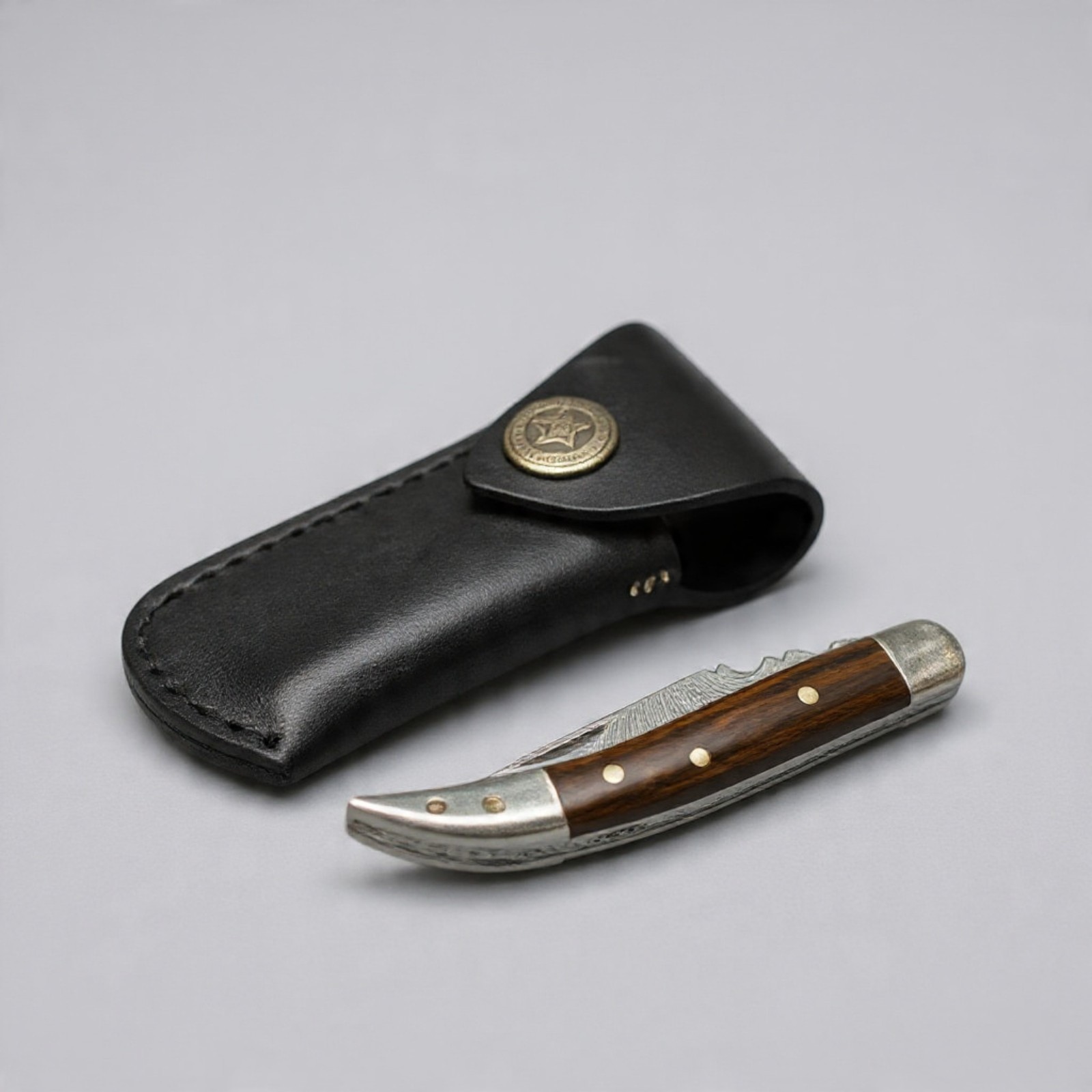 Damascus Steel EDC Folding Knife Wood Handle Toothpick Pocket Knife with Sheath