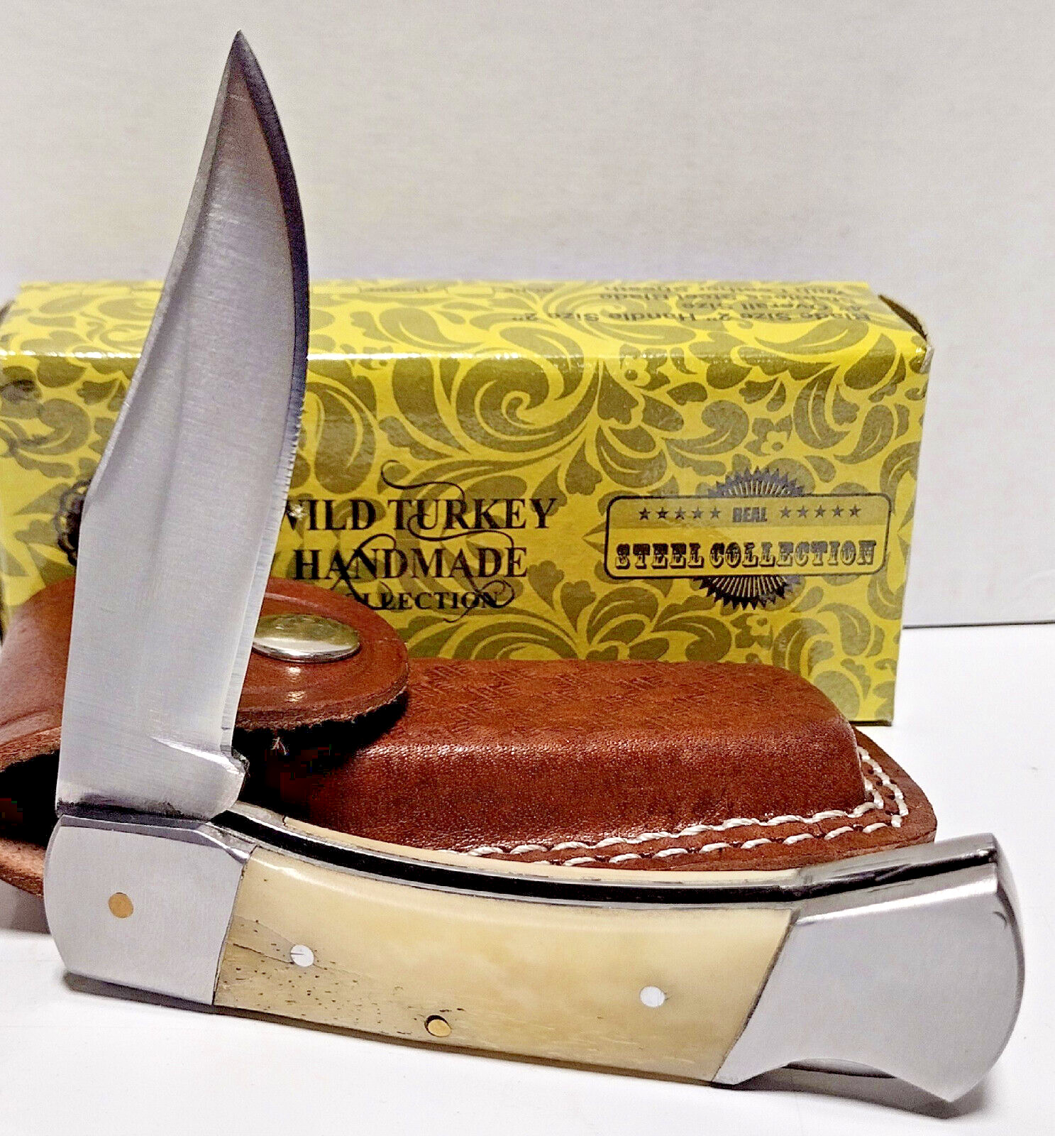 Wild Turkey White Bone Clip Point Blade Lockback Hunting Pocket Knife + Sheath