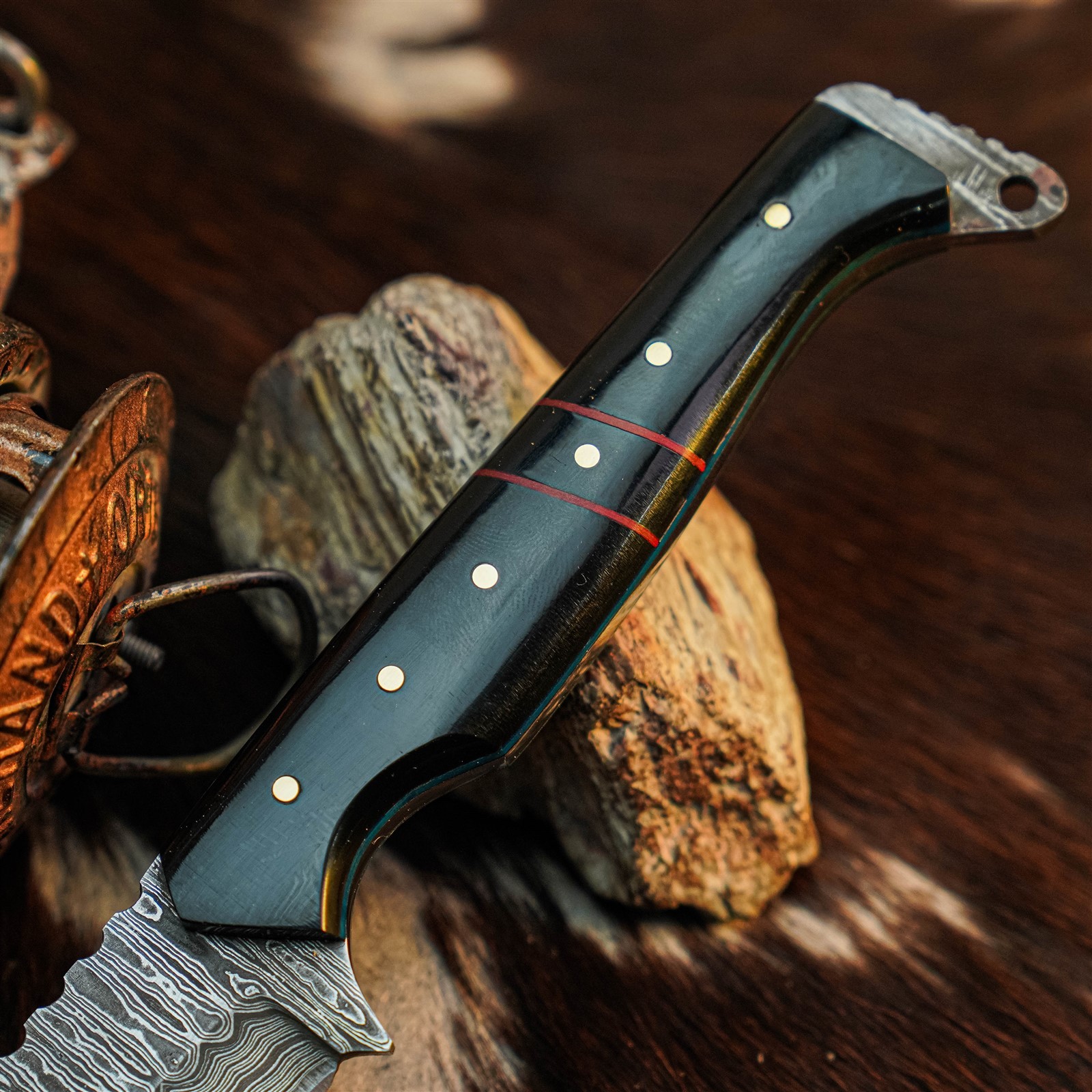 9.0″ Damascus Hunting Knife Full Tang Wood Handle Fix Blade + Sheath