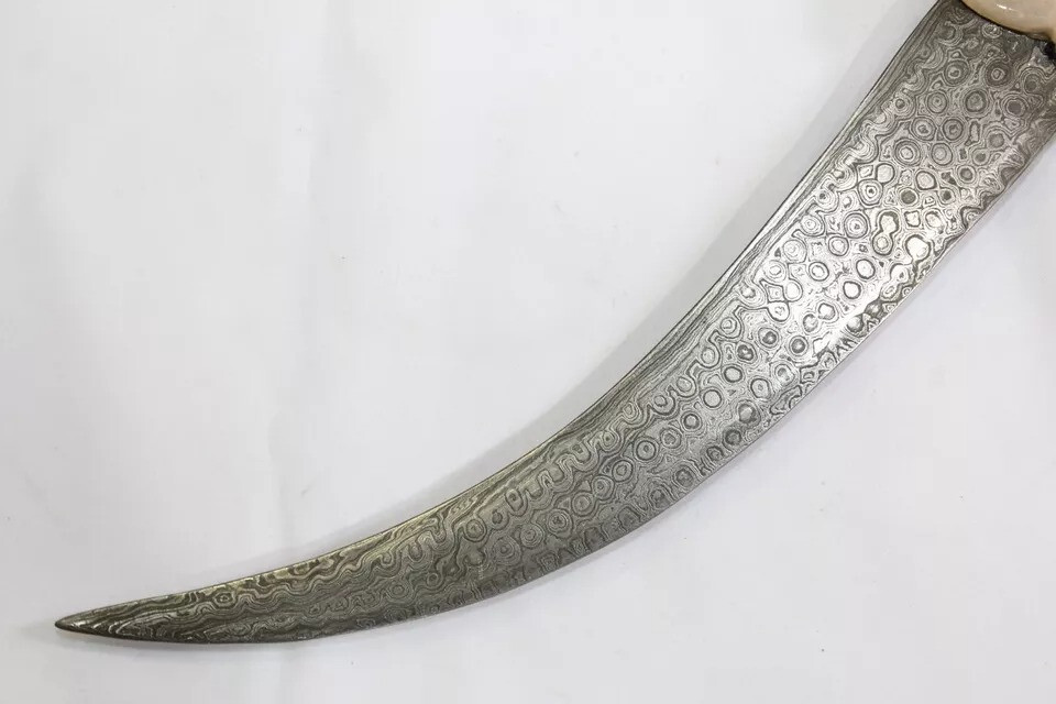 Dagger Knife Damascus Steel Blade Pink Jade Stone Handle Silver Koftgiri D55
