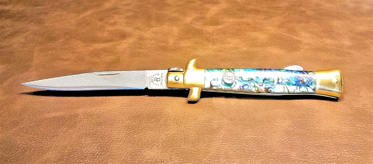 Kissing Crane Genuine Abalone Real Damascus Steel Stiletto Manual Pocket Knife