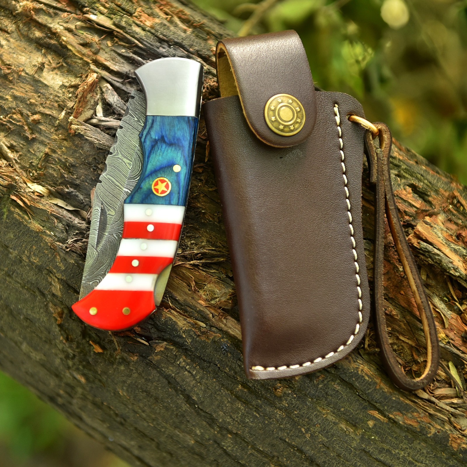 Handmade Forged Custom Damascus Steel Folding Pocket Knife with Leather Sheath