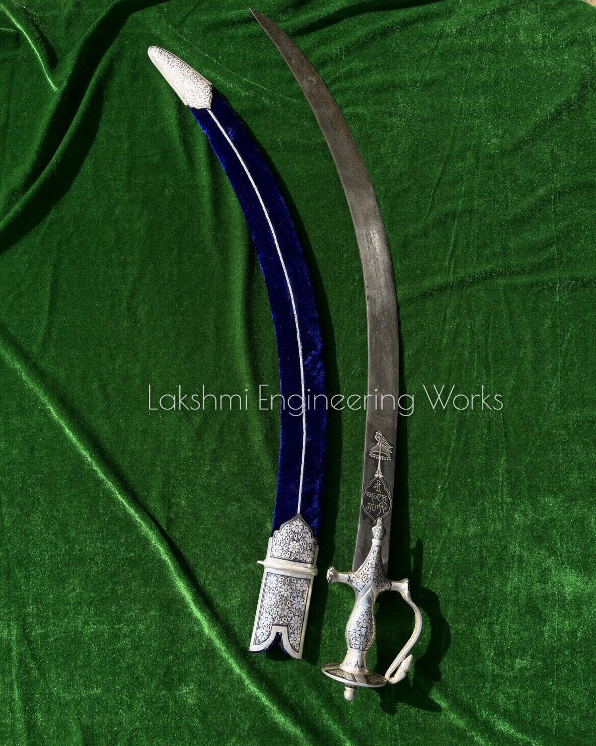 Sikh Goliya Sword Damascus Steel Blade Silver Koftgiri Velvet Scabbard I Buy Now
