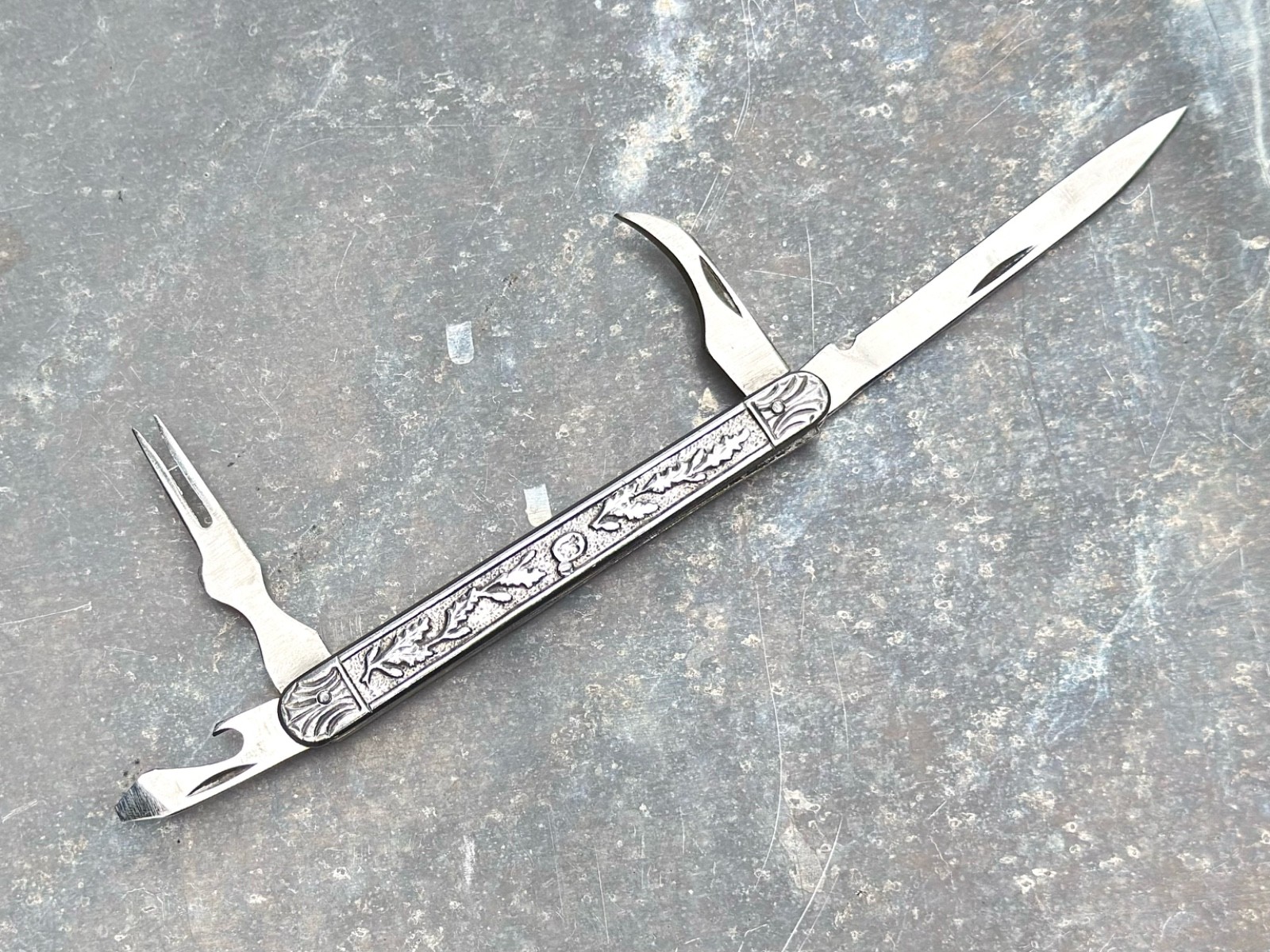 Vintage Gentleman’s Pocket Knife Decorative Metal Handle Cigar Fork German(?)