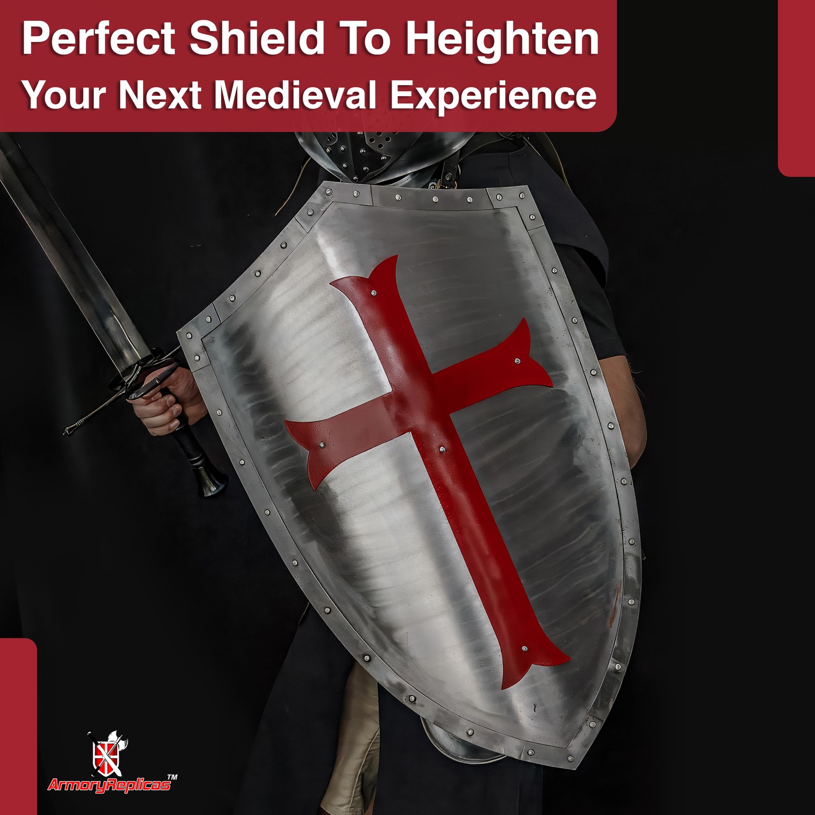 Medieval Knights Templar Shield Crusader Red Cross 28″ Polished Steel Armor
