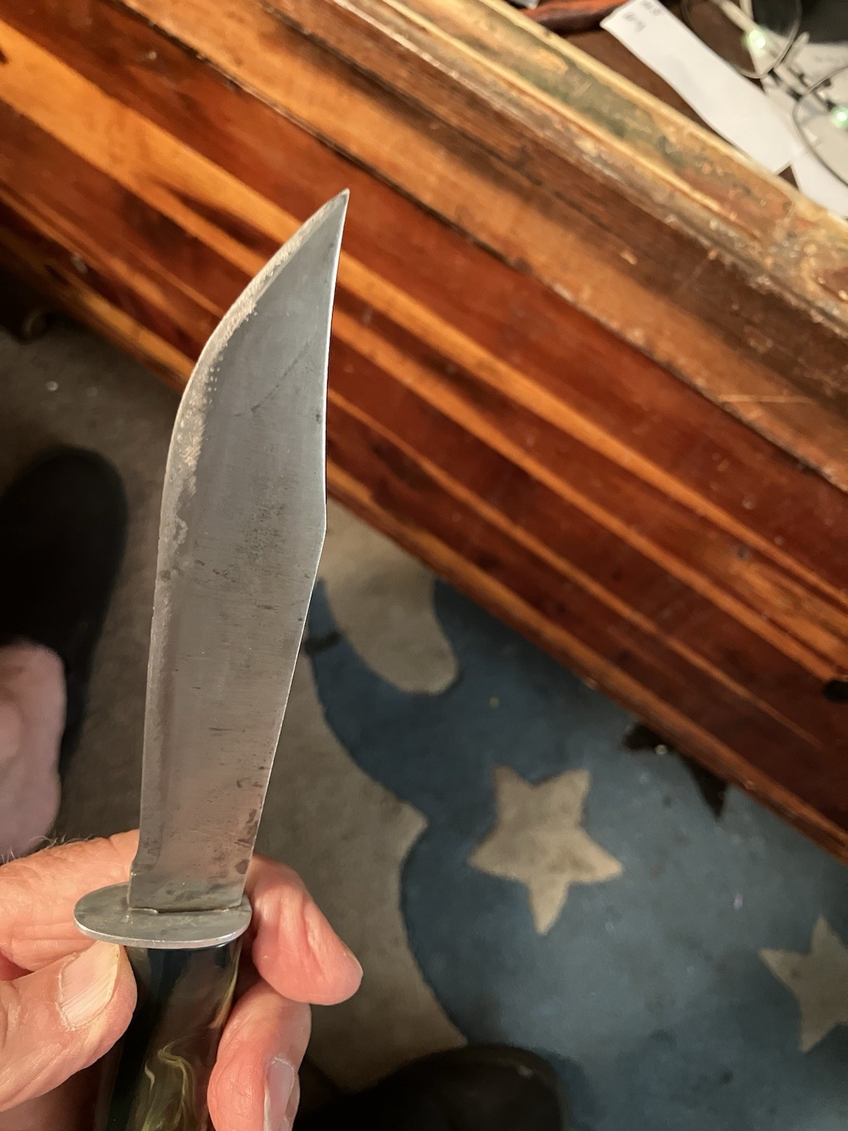 Vtg 9” Unbranded Fixed Bld Hunting Knife w/ Yellow Swirl Blk Plastic Hnd &Sheath