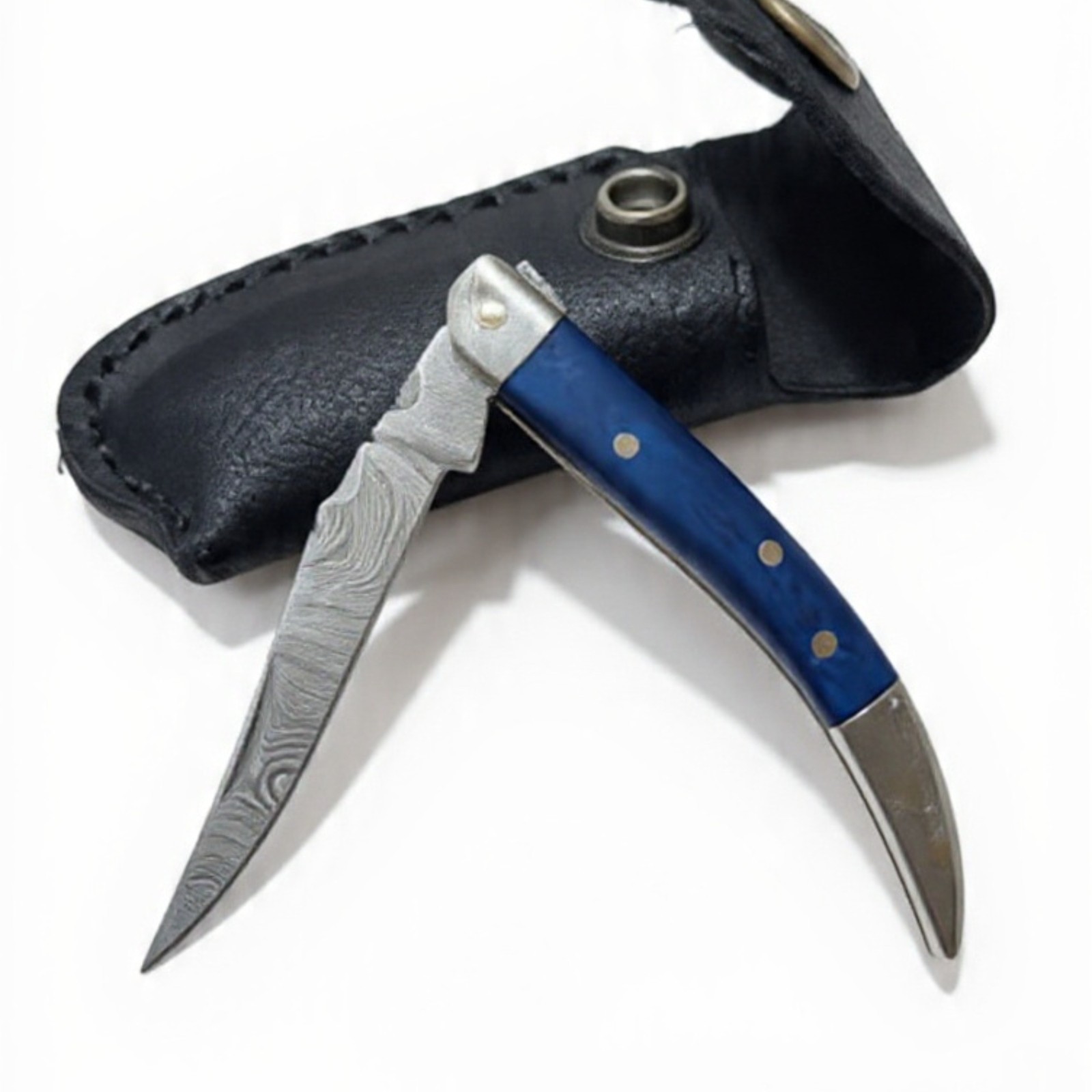 Damascus Steel Folding Knife Blue Bone EDC Pocket Folder with Leather Sheath