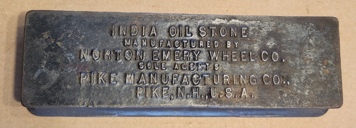 Vtg. India Oil Stone Cast Iron Box w/ Stone, Norton Co. Pike Mfg. Pike, N.H. USA