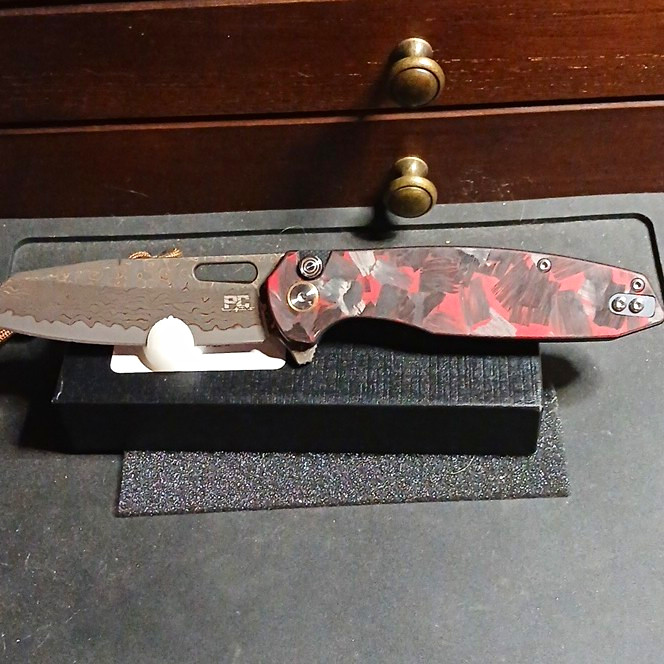 P.C. Damascus Steel Drop Point Plain Manual Liner Carbon Fiber Clip Pocketknife