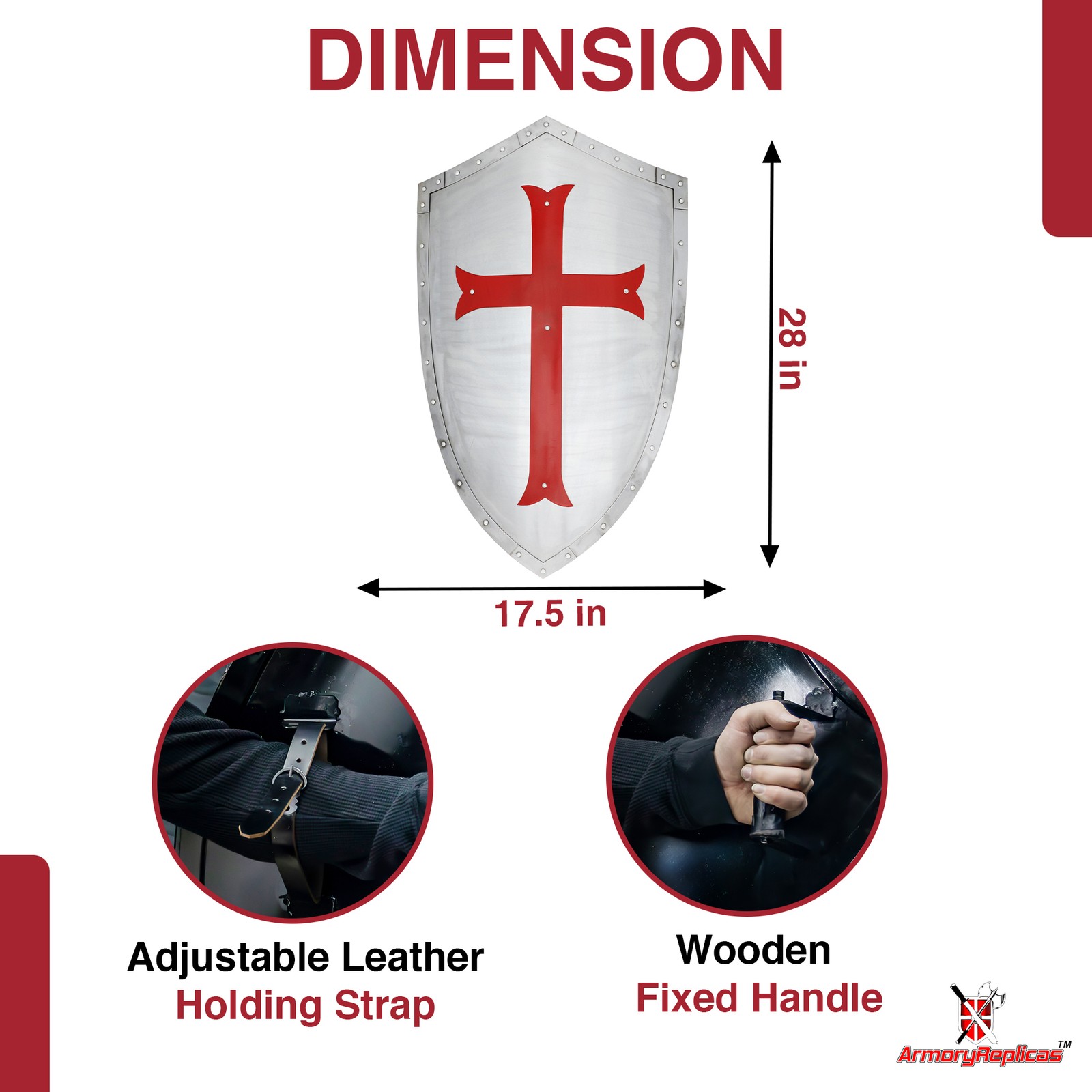 Medieval Knights Templar Shield Crusader Red Cross 28″ Polished Steel Armor