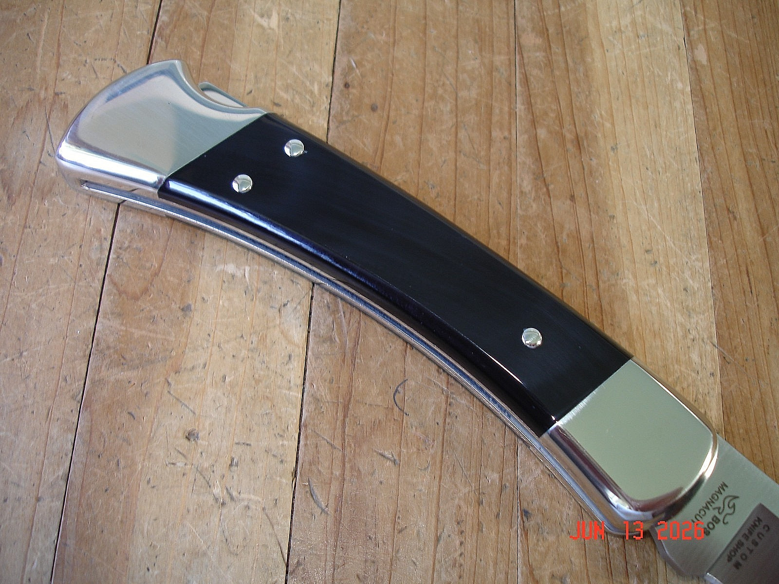 NIB BUCK KNIFE 110 HUNTER BOS MAGNACUT BLADE BLACK BUFFALO HANDLE NICKEL SILVER