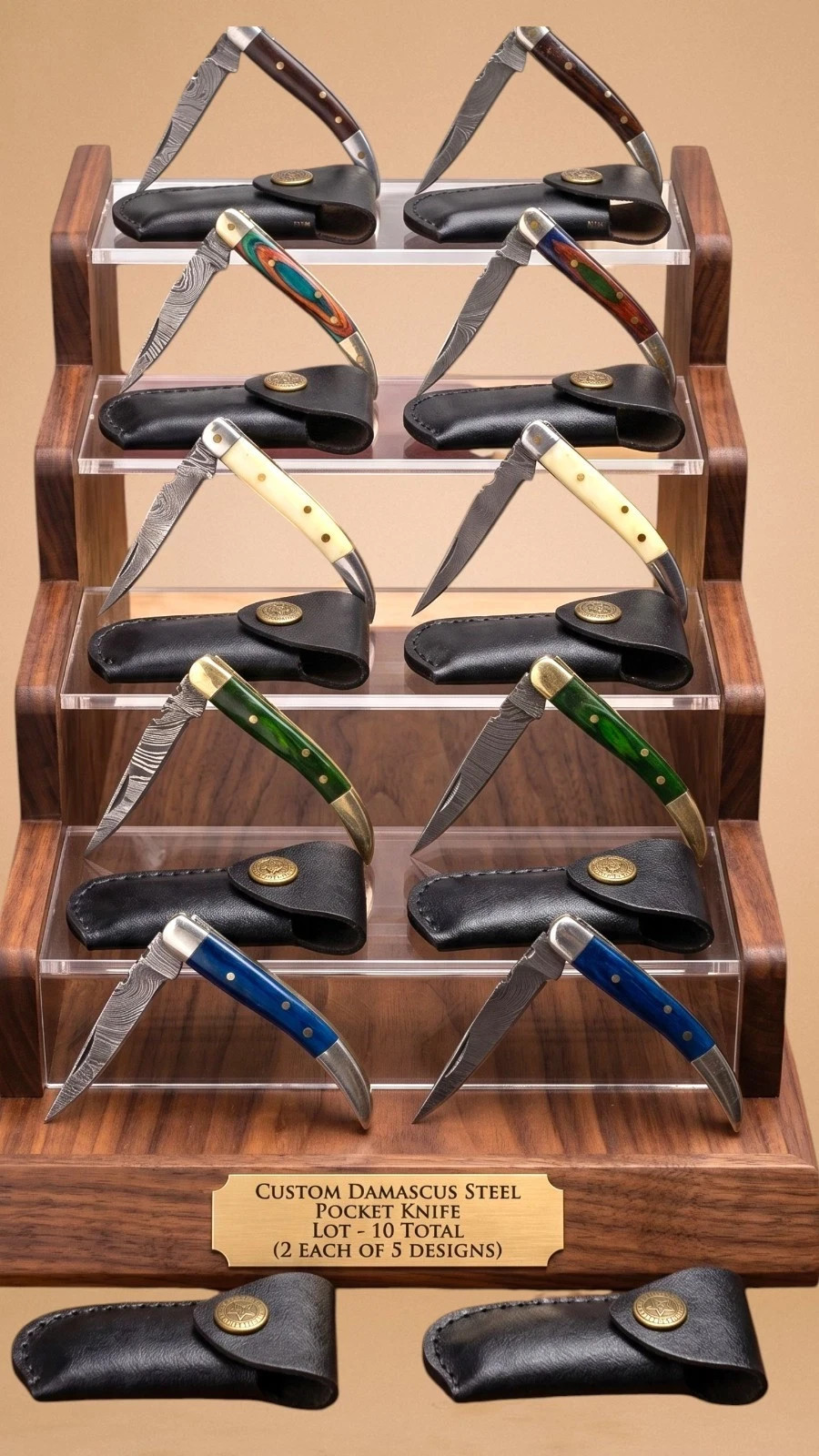 10x Damascus Folding Knife Lot Custom Pocket Knives Bone Wood Handle with Sheath