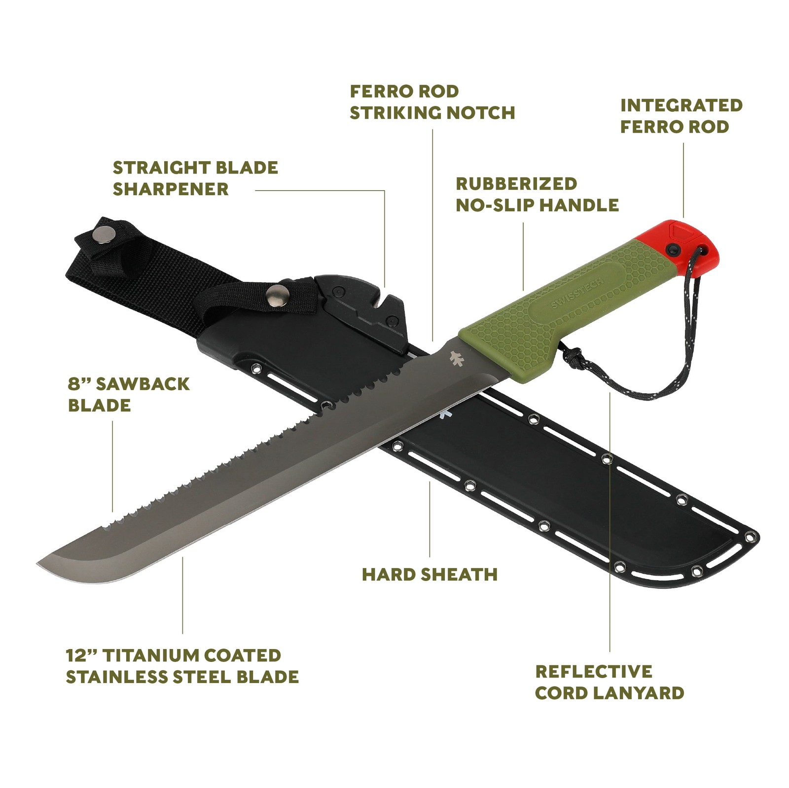 Swiss Tech 18-inch Sawtooth Machete, Titanium-Coated Stainless Steel Blade