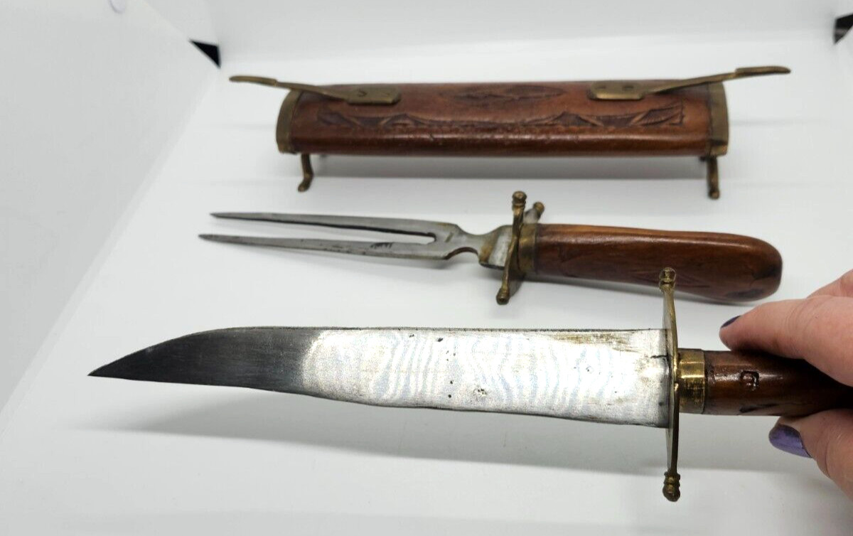 Decorative Knife Carving Set In Wooden Hand Carved & Brass Casing VTG India