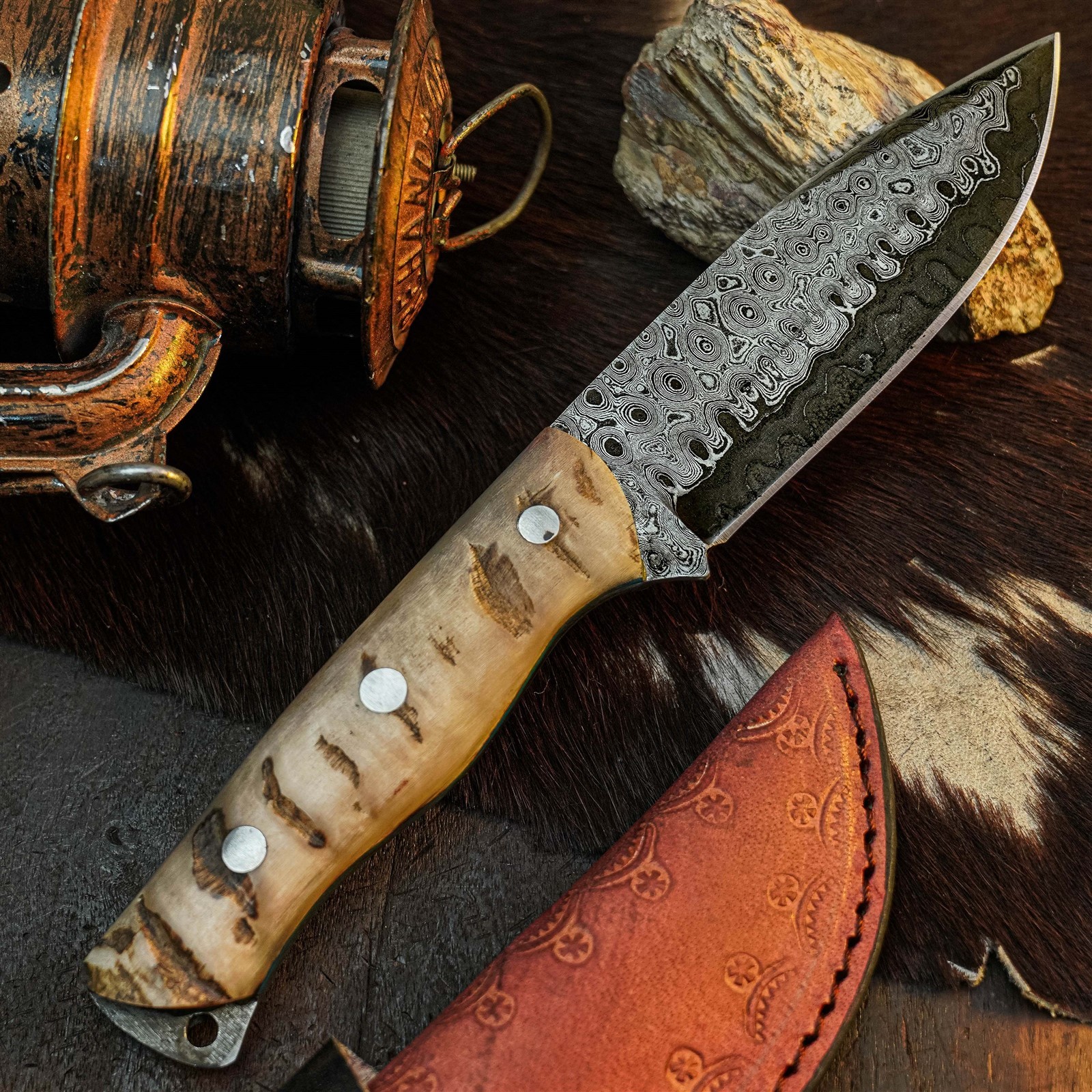 8.7″ Damascus Camping EDC Knife Full Tang Wood Handle Fix Blade + Sheath