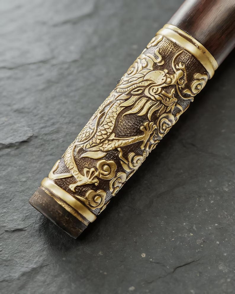 Round Head Sword Cane Solid Wood Shaft Aged Brass Dragon Ring Decorative Display