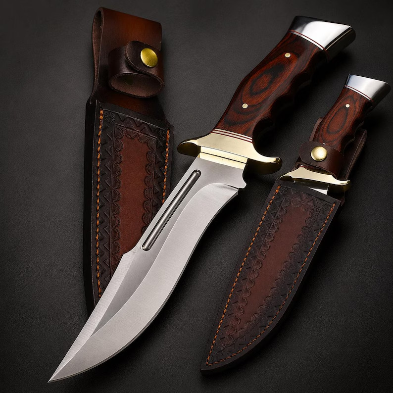 12″ 440C Stainless Steel Hunting Bowie Knife – Wood Handle & Leather Sheath