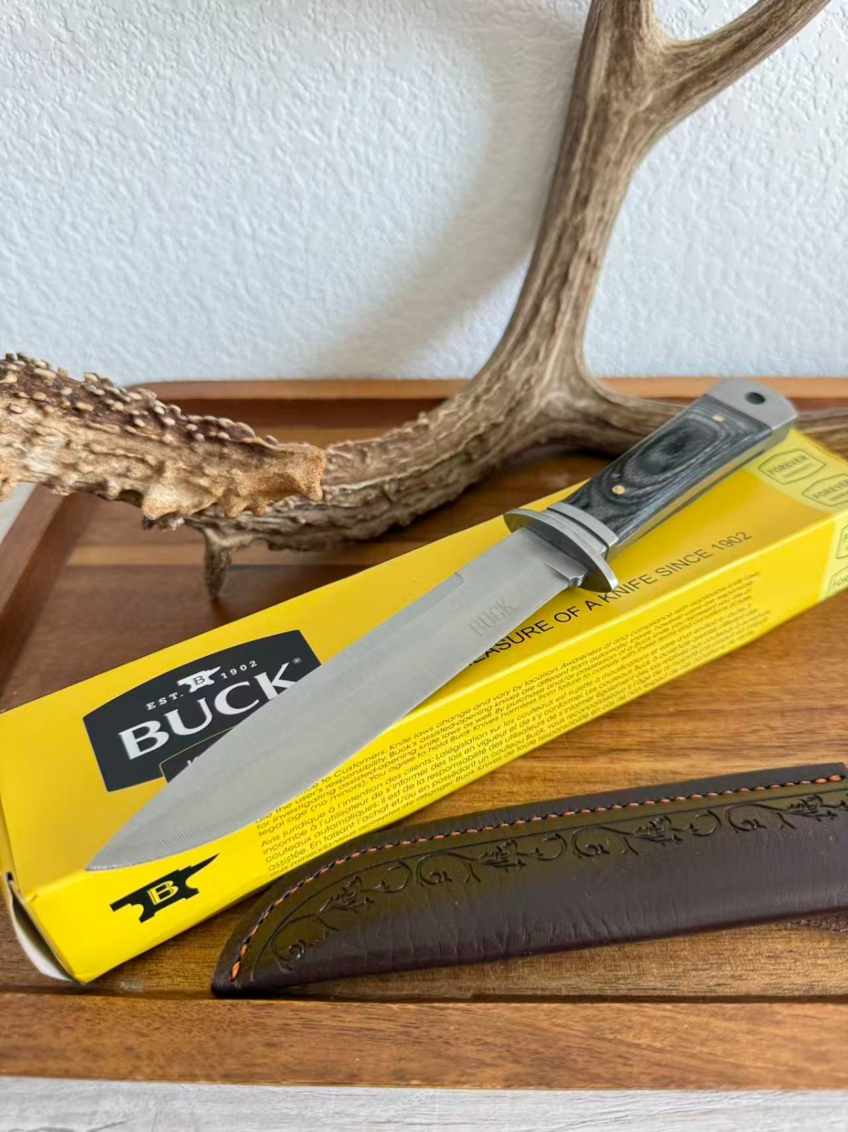 Buck Fixed Blade Hunting Knife Black Wood Handle Leather Sheath New Box
