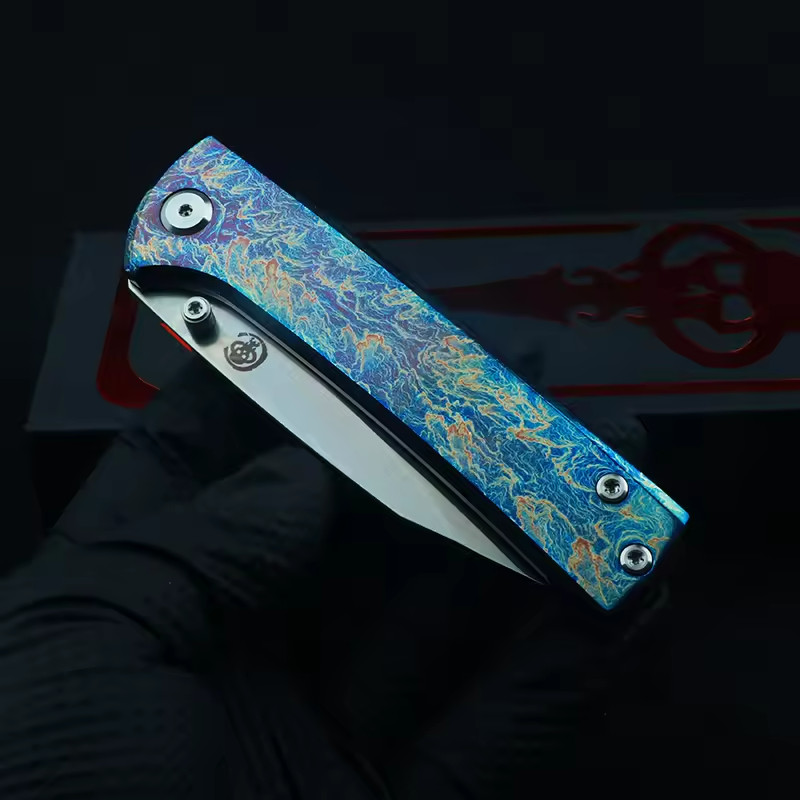 New TC4 Titanium Custom Anodized Blue Flame Pattern Handle Folding Pocket Knife