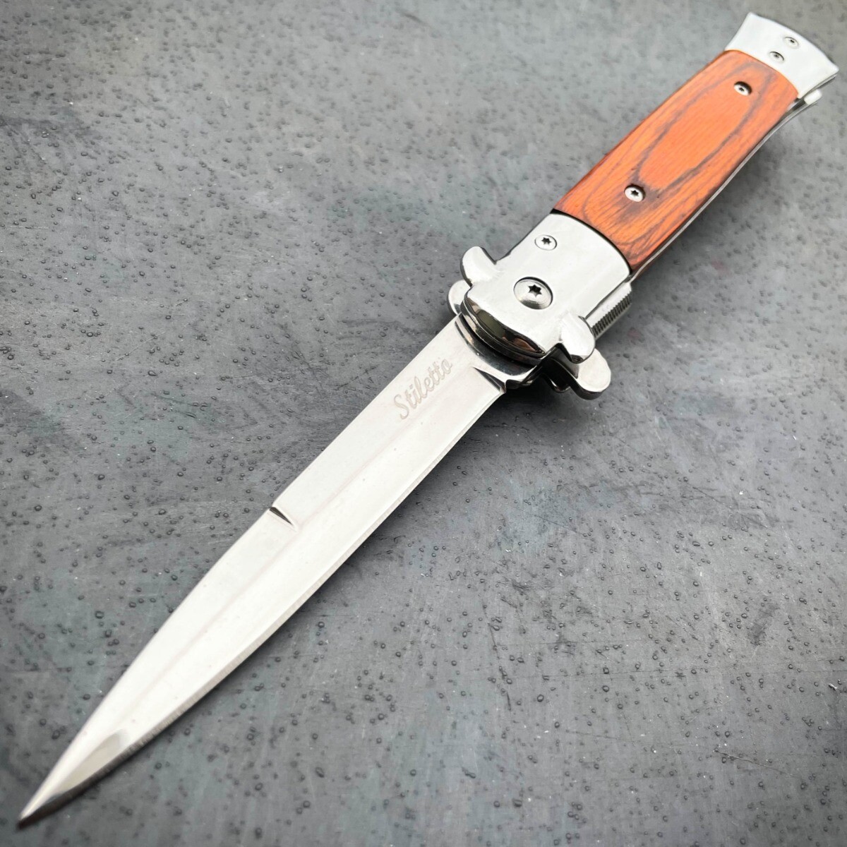 9″ Brown Italian Style Stiletto Folding Spring Assisted Open Pocket Knife