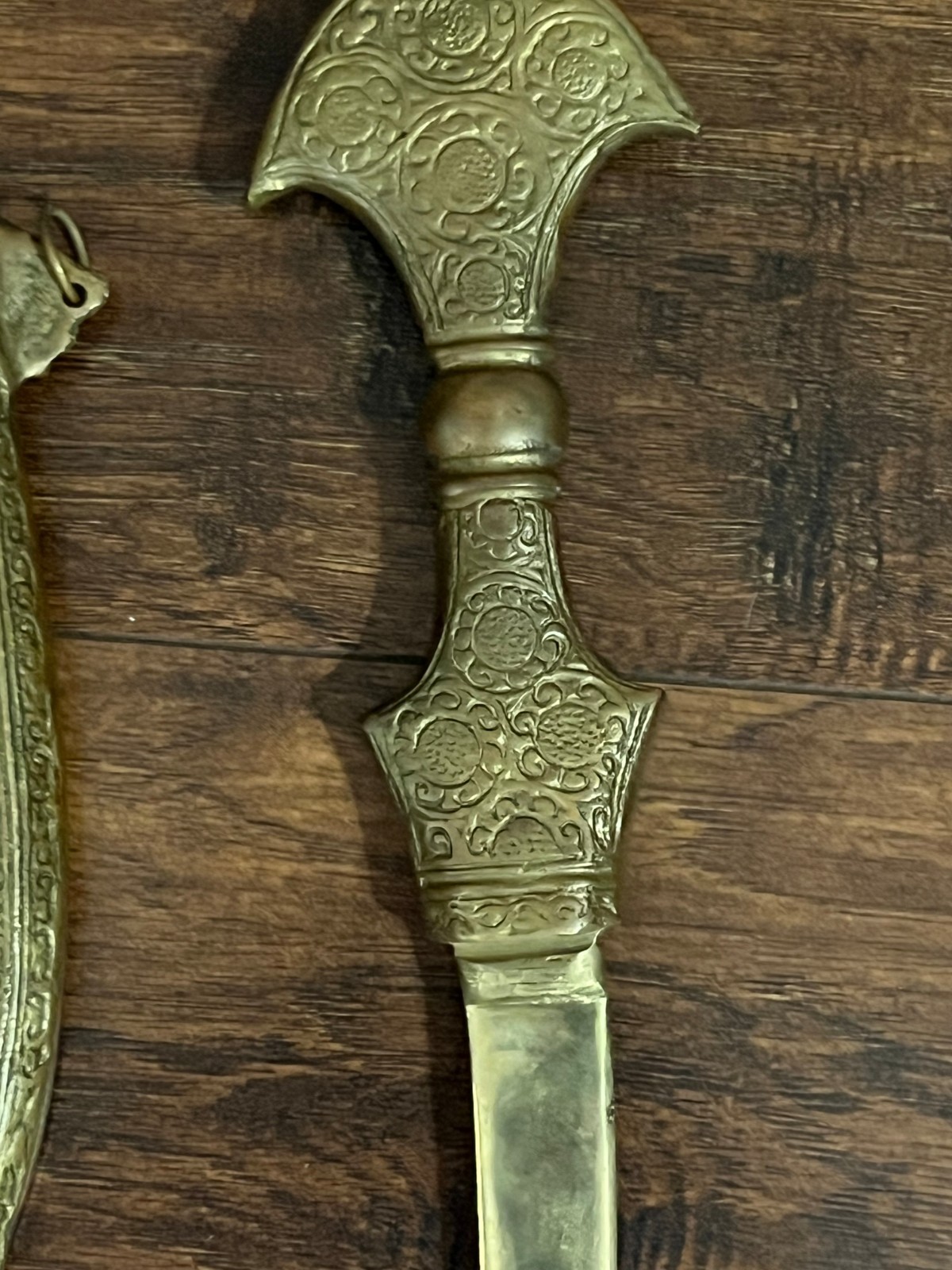Vintage Middle Eastern Brass Dagger With Carved Sheath Letter Opener