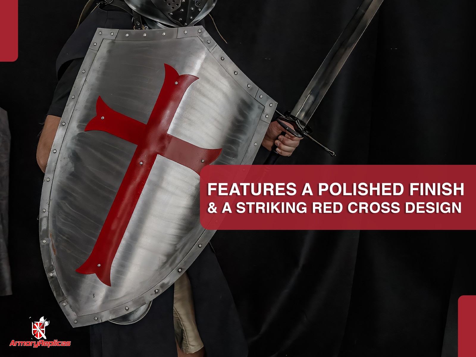 Medieval Knights Templar Shield Crusader Red Cross 28″ Polished Steel Armor