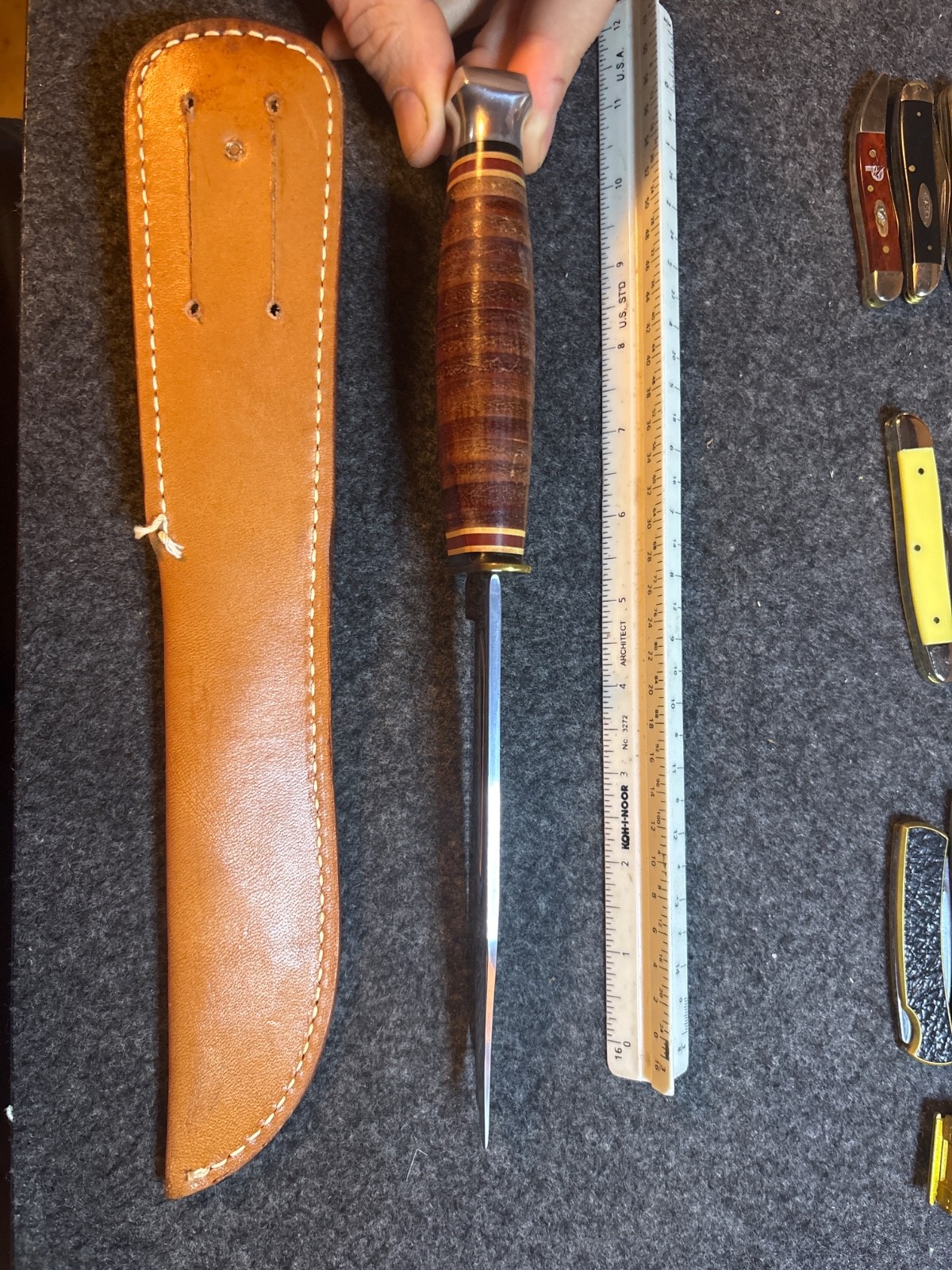 Vintage KA-BAR 1207 USA 6″ Stacked Leather Hunting Knife & Original Sheath MINT