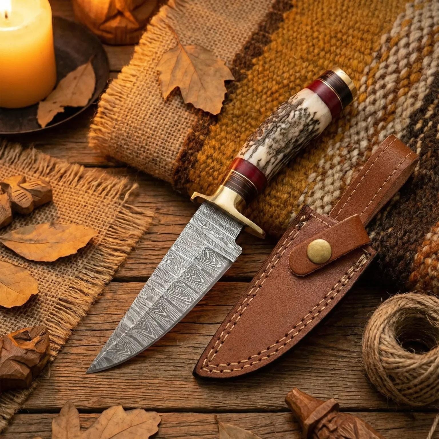 Handmade Damascus Steel Stag Horn Handle Knife with Leather Sheath