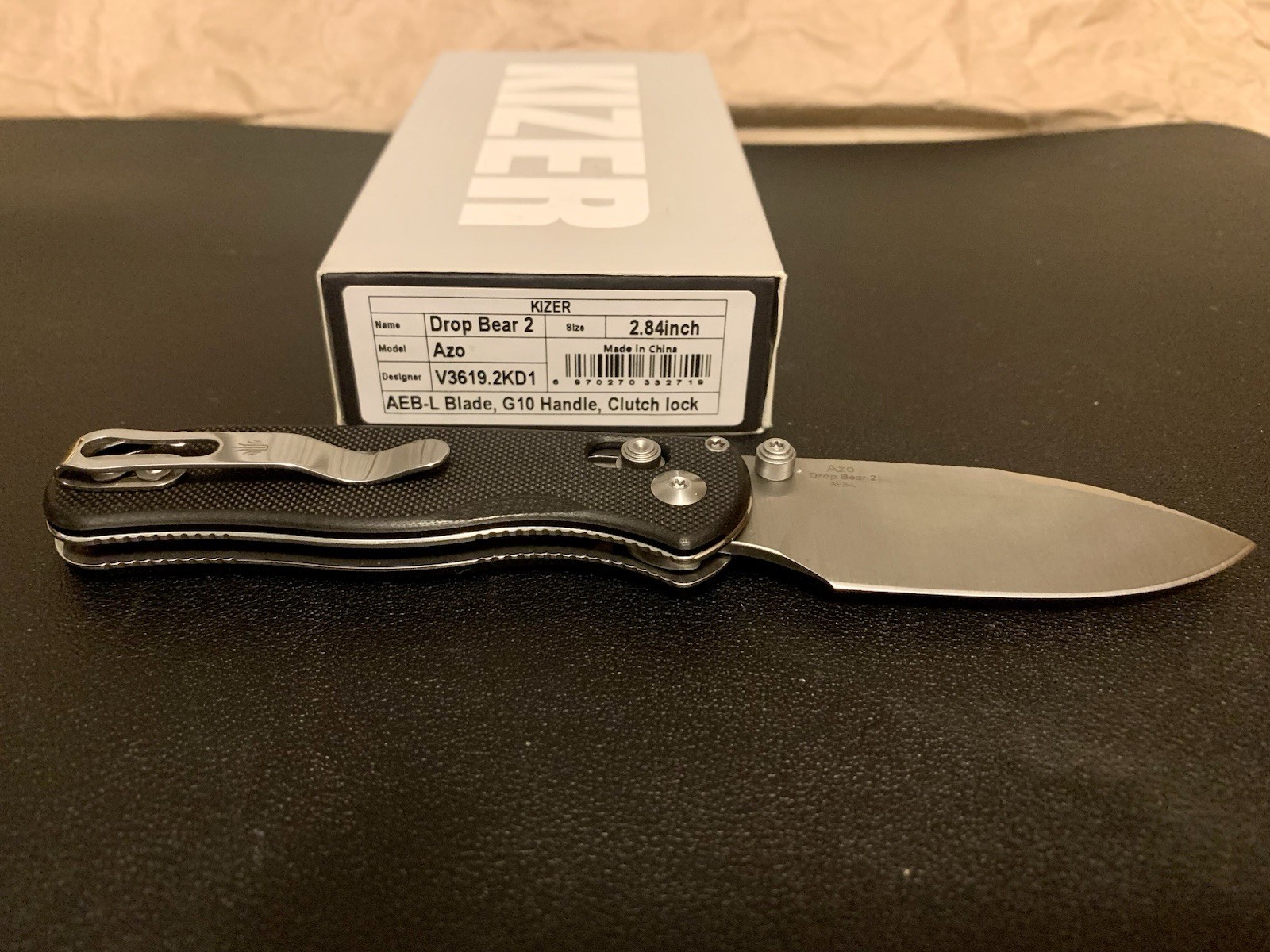 Kizer Drop Bear 2 V3619.2KD1 AEB-L 2.84” Blade Black G10 Clutch Lock Knife