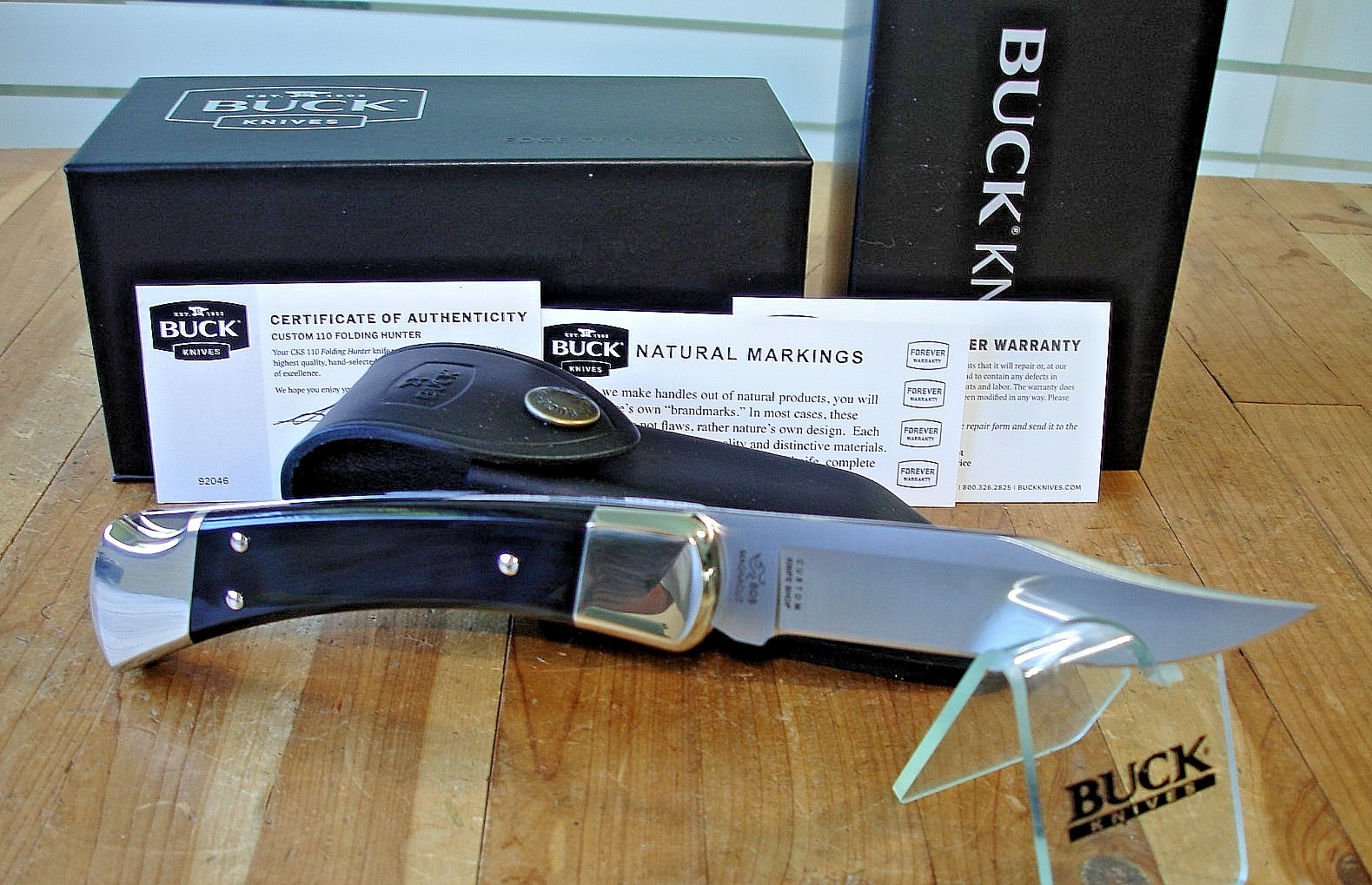 NIB BUCK KNIFE 110 HUNTER BOS MAGNACUT BLADE BLACK BUFFALO HANDLE NICKEL SILVER