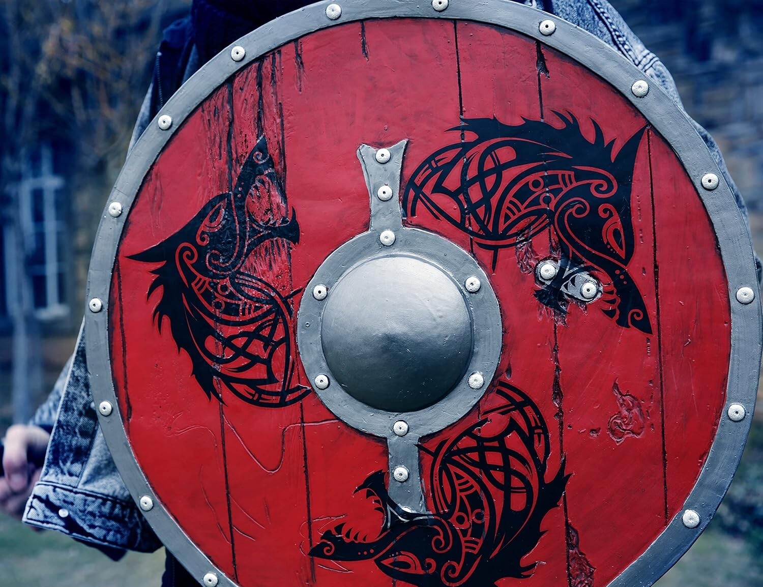 Red Warrior Carved Viking Shield: Handcrafted/Carved 24-Inch Wood and Metal