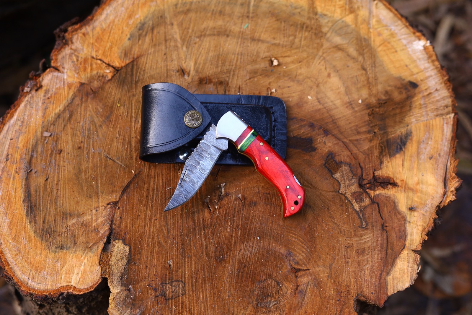 Custom Handmade Damascus Steel Folding EDC pocket Knife with Leather Sheath